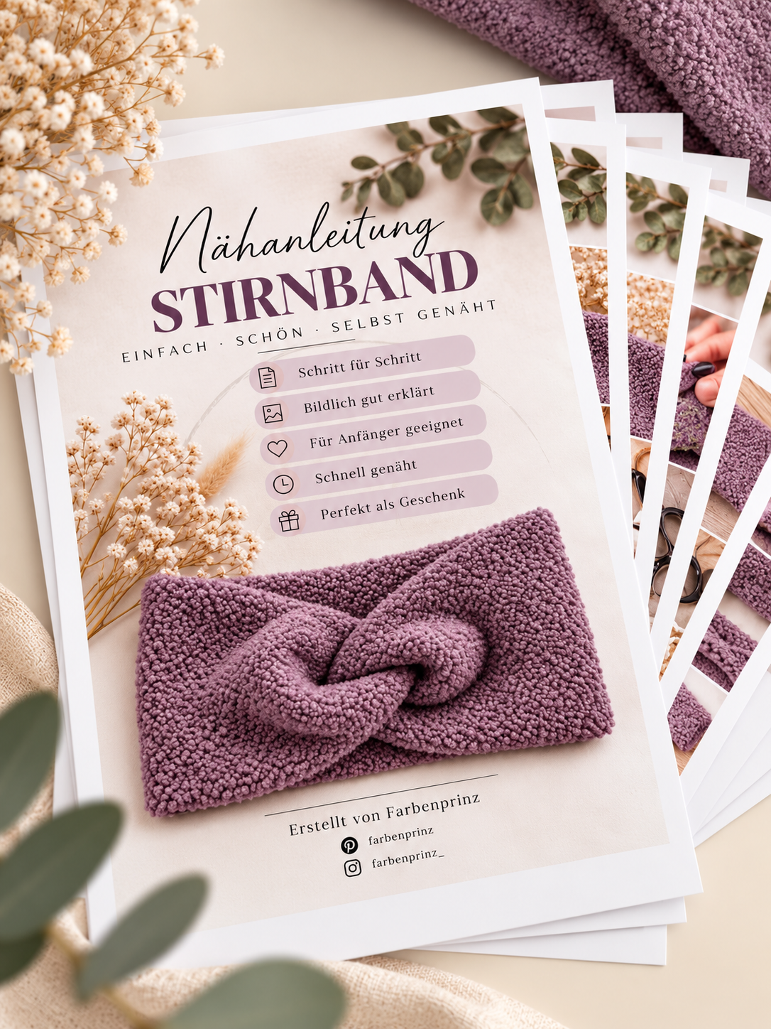 Nähset für 2 Stirnbänder aus Bouclé-Stoff, inklusive Anleitung, für Kindergrößen, von Farbenprinz, zeigt Stoff und Nähmaterialien
