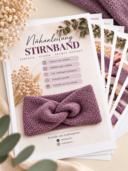 Nähset für 2 Stirnbänder aus Bouclé-Stoff, inklusive Anleitung, für Kindergrößen, von Farbenprinz, zeigt Stoff und Nähmaterialien