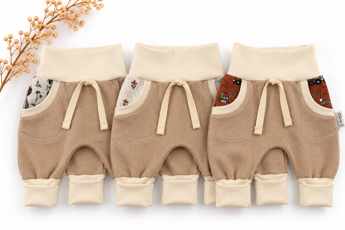 Weiche Babyhose von Farbenprinz, Mitwachshose aus Baumwolle mit langem Bündchen in Größe 62-68, bequem und angenehm zu tragen.
