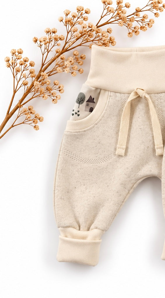 Weiche Mitwachshose für Baby von Farbenprinz, Baumwolle, langer Bauchbund, Taschen, in Größe 56-62, bequem und flexibel.