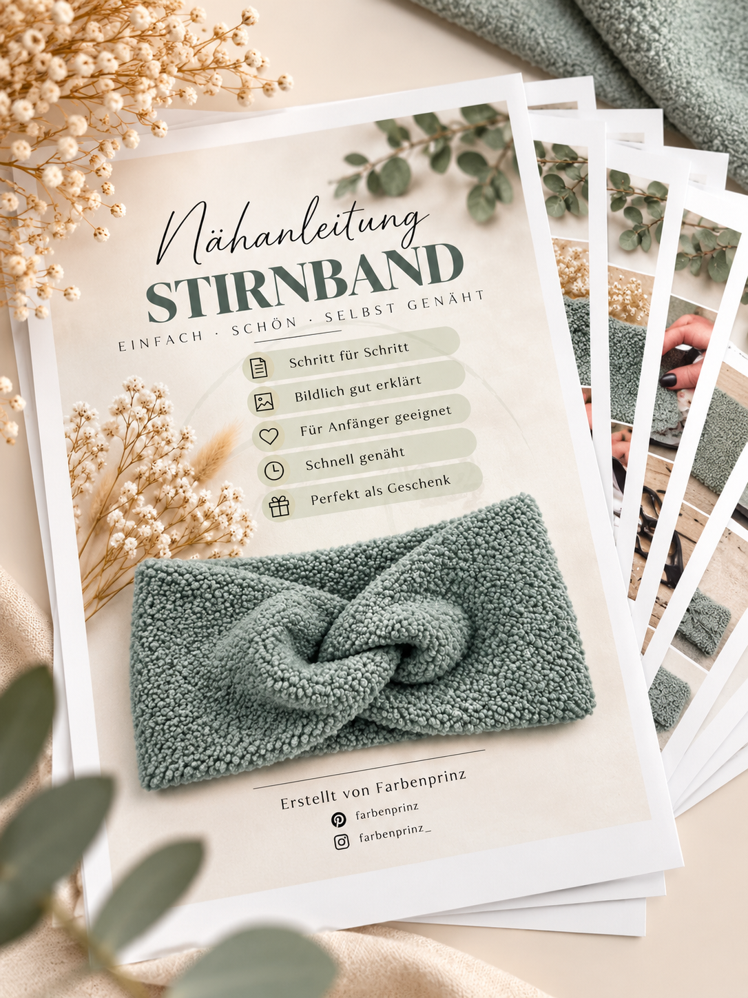 Farbenprinz Bouclé-Stoff Nähset für 2 Stirnbänder, inklusive Anleitung, geeignet für Kinder und Erwachsene, kreative Nähprojekte
