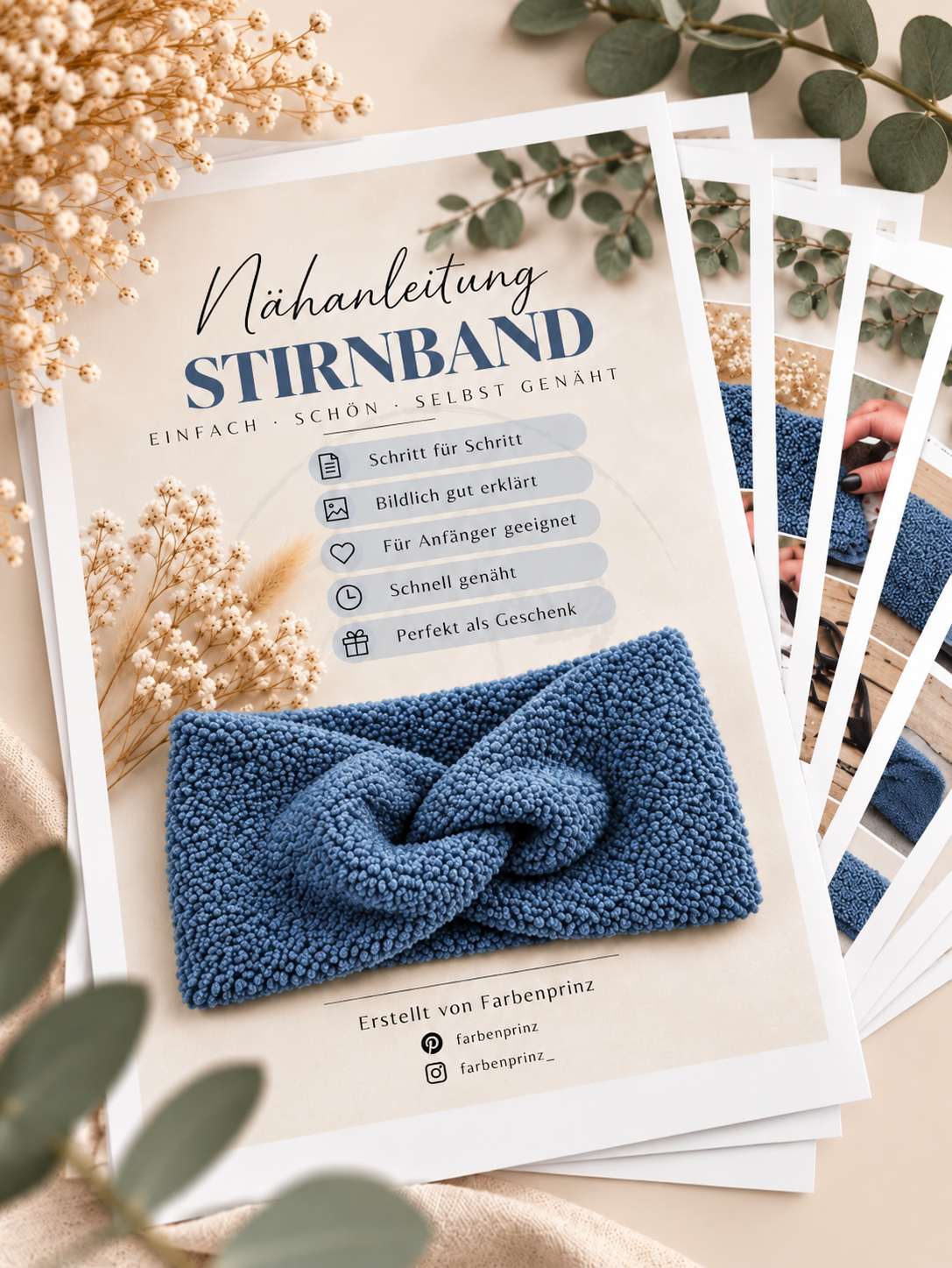 Farbenprinz Bouclé-Stoff Nähset für 2 Stirnbänder, inklusive Anleitung, geeignet für Kindergrößen, weicher, gedruckter Stoff.