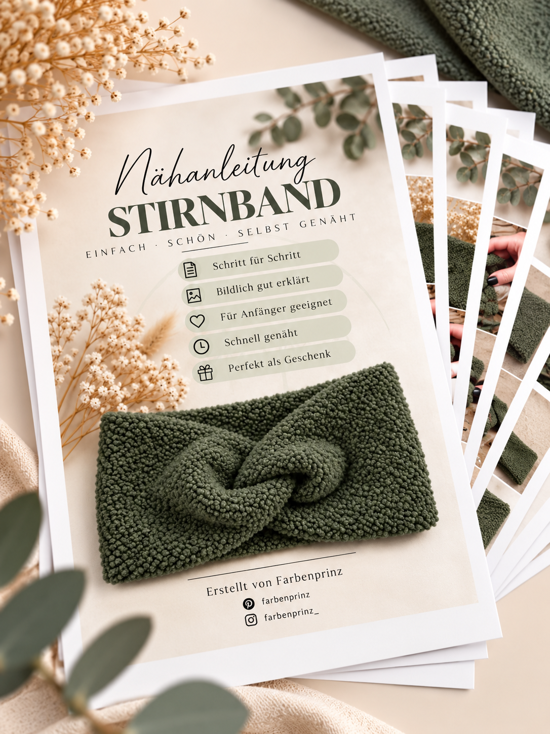 Farbenprinz Bouclé-Stoff Nähset für 2 Stirnbänder, inklusive Anleitung, geeignet auch für Kindergrößen, Stoff und Nähmaterial.
