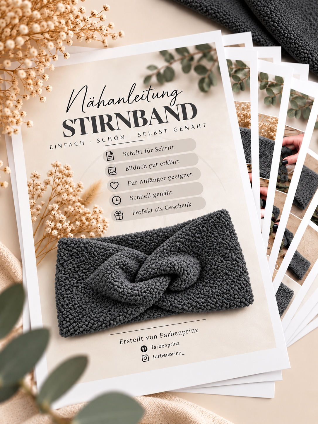 Farbenprinz Stirnband-Nähset mit Bouclé-Stoff für 2 Stirnbänder und gedruckter Anleitung, auch für Kindergr